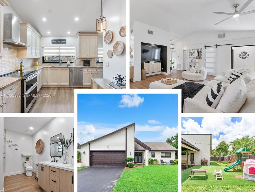 Welcome to this beautifully renovated 3BR/2BA smart home offering perfect blend of style, comfort & peace of mind! Features $100,000+ in upgrades, move-in ready residence showcases newer roof, impact windows & doors, new AC, luxury laminate floors, designer bathrooms, custom closets & fully fenced turf & grass backyard for easy maintenance & year-round enjoyment. Chef’s kitchen loaded with upgrades: Samsung smart appliances, built-in microwave drawer, stainless hood, granite counters, soft-close cabinets, pull-outs, lazy susan, glass front-display cabinets & oversized pantry. Atrium fills main living areas, hall & 3rdBR w/natural light. Spacious primary suite w/custom walk-in closet, motorized blackout shades, porcelain tile shower, vanity & sliding glass doors to backyard retreat. All rooms have motorized zebra shades, smart home technology with lighting, RING & NEST systems, designer fixtures and fans, renovated garage cabinetry with TV & cabana bath access to the patio w/TV and shade. Major improvements throughout the years provide insurance-friendly features including impact glass, updated systems. Modern finishes throughout. 2-car garage with TVs, cabinets & laundry. Located on street with recently repaved roads and upgraded city water drainage improvements, this home offers both curb appeal & long-term infrastructure enhancements. Conveniently located near schools, shopping, dining, parks, and major highways. Truly turnkey and ready for its next owner!