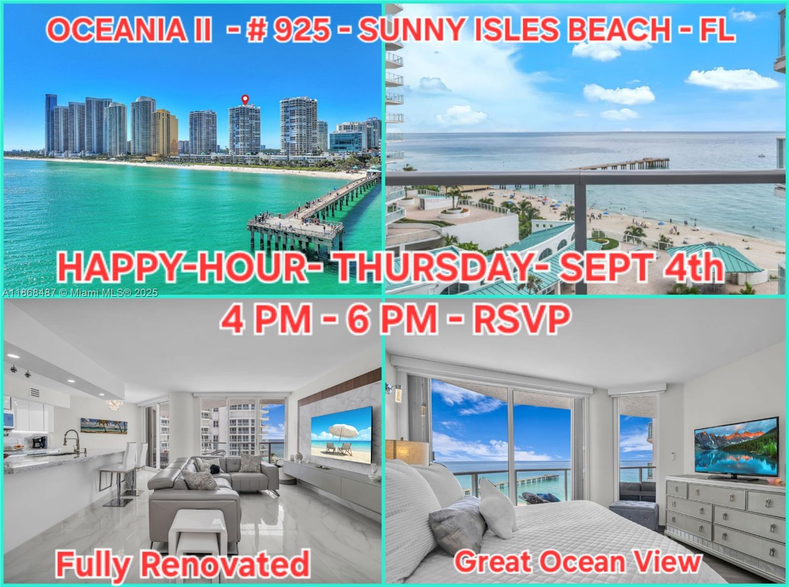 HAPPY-HOUR-Thurs-Sept 04th : 4 PM - 6 PM- Send your highest & best dead line until Sept 16th-OCEANIA II. Direct oceanfront, Over $ 200,000 of full renovation, furniture negotiable, Over 1,700 SqFt total balcony offering panoramic views of the Atlantic! Enjoy breathtaking sunrises and serene ocean breezes from this spacious, open floor plan, perfect for entertaining or quiet coastal living. 2 Beds, 2 baths, dining area can be converted to a third bedroom/ Den. 2 covered parking spaces, come full size storage room, Residents enjoy a luxury lifestyle with access to a private beach club, full-service spa & health club, tennis courts, oceanfront dining restaurant & Coffee shop, marina for boats & more. Low condo fee $1,325.48 M.A rare opportunity. will sell in the first month, easy to show!!!