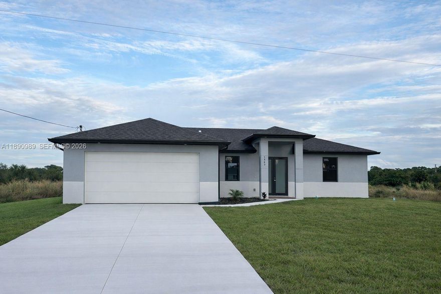 New Construction 3 bedrooms, 2 Bathrooms and 2 car garage single family home. Open concept and split floor plan. Tile throughout the entire house, lots of cabinet space with quartz counter tops with stainless steel appliances. Large lanai perfect for entertainment. Impact windows and exterior doors. Large size lot 12,678 SF. No HOA and move-in ready. Up to $7,000 for buyer incentives.