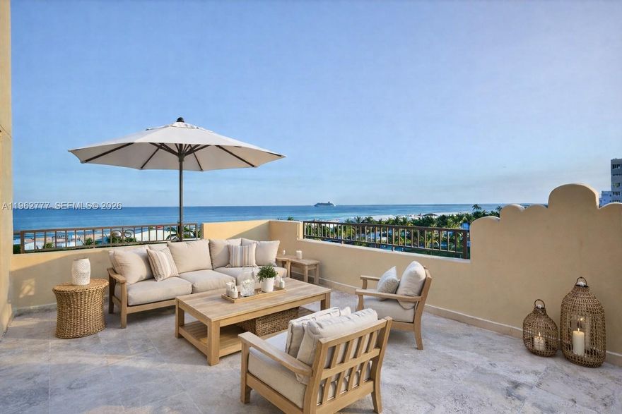 Set on Ocean Drive—one of the most iconic locations in the country—this trophy penthouse delivers Miami Beach’s legendary lifestyle at its finest. Rarely lived in and in immaculate condition, the two-bedroom, two-and-a-half-bath residence is finished in the finest style and set within a quiet, boutique building.

A true standout, the home features a one-of-a-kind private terrace with breathtaking views of the South Beach skyline, Downtown Miami, and the Atlantic Ocean, where you can watch cruise ships glide in and out of port. Just steps from the beach, world-class dining, boutiques, outdoor gyms, and nightlife, this is a rare opportunity to live at the center of Ocean Drive’s unmatched energy while enjoying complete privacy above it all.