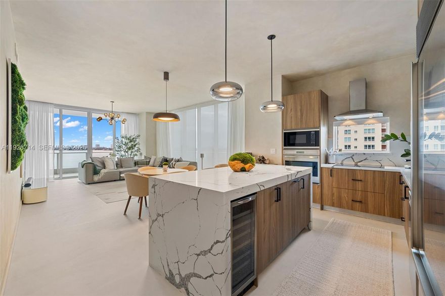 Paramount Bay corner residence with sweeping 270° Biscayne Bay and Miami skyline views—offered fully furnished with curated designer pieces for true turnkey living. A private elevator foyer opens to a recent renovation featuring limewash walls and seamless micro-cement flooring, setting a refined, modern tone throughout. The gourmet kitchen is outfitted with Sub-Zero refrigeration and a professional-grade Wolf range/oven—ideal for effortless entertaining. Wraparound, floor-to-ceiling glass showcases dramatic water-to-city vistas and abundant natural light, complemented by bespoke window treatments for comfort and privacy. Upgrades include custom interior doors, built-out closets, upgraded fixtures, and elevated hardware. Spa-style, updated baths feature custom vanities and premium finishes. The primary suite is a serene retreat with a tailored walk-in closet and stunning bay outlooks. Set in a premier park-front, bayfront location with dining just steps away, Paramount Bay offers resort-style amenities including concierge/valet, pools, fitness, and spa—minutes to the Design District, Wynwood, Downtown, and Miami Beach. Move-in ready and furnished—just bring your suitcase.