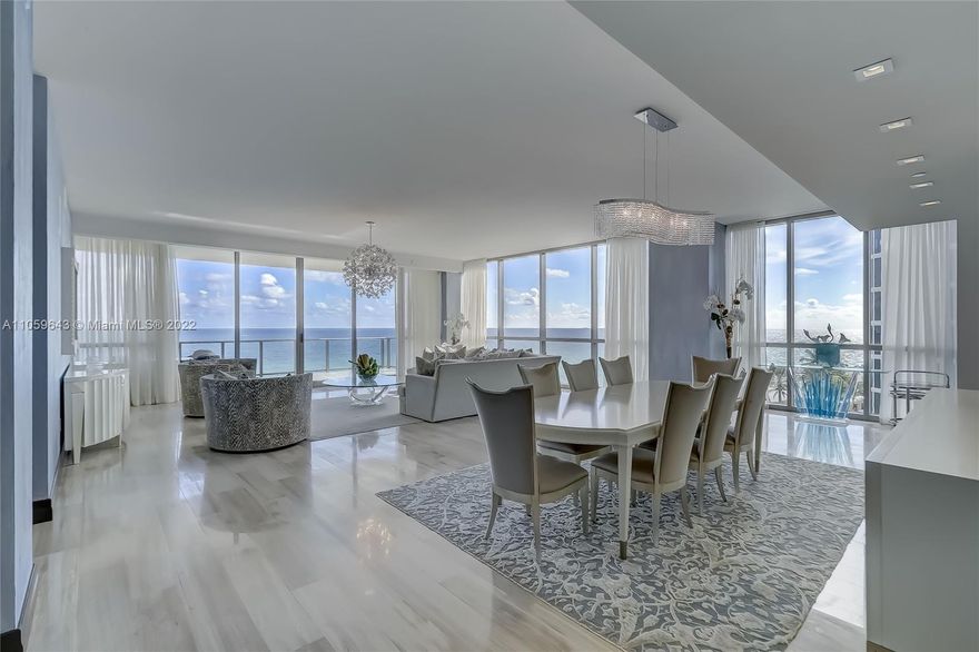 This luxury residence offers ultimate direct ocean view. 3 bedrooms, 6.5 bathrooms. The apartment is newly designed, includes hand painted decorative interior walls, Swarovski crystal fixtures. This custom design and finishes must have to be seen as the beauty of this space cannot be pointed out in simple words and photos. Smart house system features remote control window coverings, state of the art electronic audio and video devices and other options that provide ultimate luxury living experience in the 5 Star/ 5 Diamond Mansions at Acqualina Resort. The amenities include heated pool, wine and cigar lounge, gym, kids room, movie theater, Rolls Royce house car, daily breakfast for residents, golf simulator room.