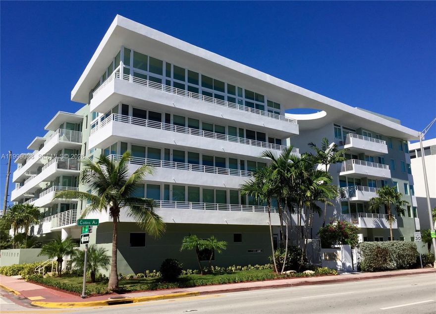 A stylish, modern oasis one block to the ocean with deeded beach access through the exclusive Altos Del Mar neighborhood of North Beach. Constructed in 1999, the building is an award-winning gem in the Miami Modern architectural style. Unique apartment in many ways: 11-foot ceilings provide an ample feel to an efficient open split floor plan, en-suite bedrooms on either side with walk-in closets. The only ground-floor unit in this building, with two adjacent parking spaces steps from the front door, and personal EV charger giving townhome feels and utmost convenience. Massive private patio completes this home, designed for easy living and entertaining. Meticulously renovated, featuring, double-glazed impact windows and doors, motorized shades, Italian porcelain floors, quartz counters, abundant storage and newer appliances. Pet-friendly building has pool, exercise room, bike and kayak storage, secure access gates and video surveillance. Your chance to get the best slice of Miami Beach.