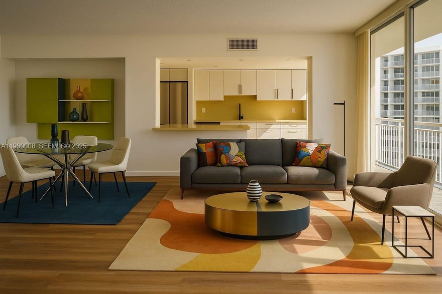 LOCATION !!! Live with intention in this stylish 2BR, 2BA condo at Del Prado in Aventura. Thoughtfully designed with mid-century modern touches, two balconies, a warm open layout, and natural light throughout. The living room flows into a cozy dining area—perfect for quiet mornings or meaningful dinners. Enjoy pools, tennis, marina access, and 24/7 security. Other than amazing amenities, Del Prado is close by the restaurants, beach and Aventura Mall