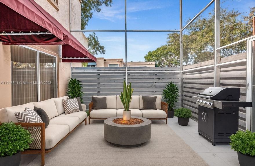 Rarely available corner townhouse directly facing beautiful trees and lush greenery in the sought-after Arbor Courts. This 2-story home boasts 3 private outdoor living areas including a 2nd-floor balcony, a large fenced patio fully enclosed with screening perfect for entertaining, and a charming front porch. This spacious townhome offers over 2,000 square feet of indoor/outdoor living space, an open floor plan, laundry area, two and a half bathrooms, den/office, plenty of parking, and every bedroom showcasing gorgeous green natural views. The community is extremely well maintained with beautiful landscaping, low HOA fees ($165), a pool, security patrol, clubhouse, walking paths, and a beautiful lake and park with basketball courts. Located in the heart of Kendall near schools, entertainment, restaurants, and shopping. This home is priced to sell, the one and only unit for sale at Arbor Courts and will not last long, so schedule your showing today and transform this property into your dream home. Opportunity awaits!