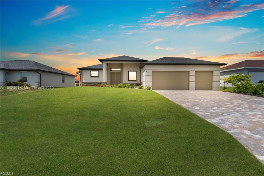 Brand new construction pool home in NW Cape Coral! This 3-bedroom, 3-bathroom home features two primary suites with walk-in closets and frameless glass showers, plus a versatile den for a 4th bedroom or office. The gourmet kitchen includes a large island, stainless steel appliances, wood cabinetry, and granite countertops. Enjoy high-impact windows and doors, an electric fireplace, 8-ft interior doors, blinds, and a 3-car garage. Outside, relax under the covered lanai with a heated pool and summer kitchen (grill, sink, mini-fridge). Fully landscaped with paver driveway, fenced backyard, and electric pool heater. Up to $10K in builder-paid closing costs – ask for details!