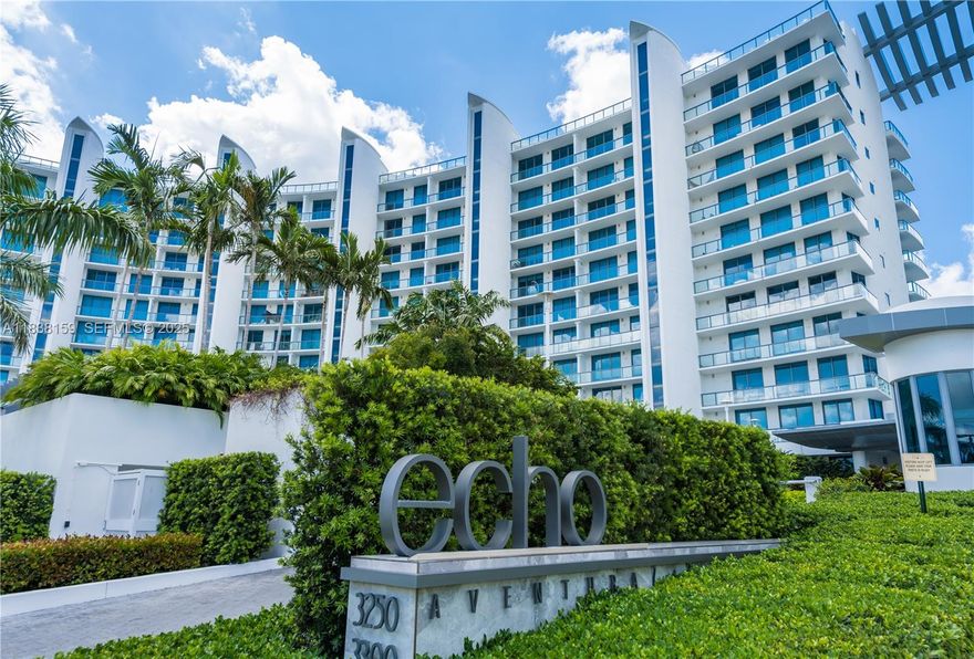 Welcome to the fabulous Echo Aventura . This 2 bedrooms corner line has a huge living-room. Beautiful View on the water, private elevator, gourmet open kitchen with top-of-the-line appliances, and an outdoor built in barbecue. 5 stars amenities, bay front pool, private access to beach club from “resort pass “, spa, massage room, complimentary coffee bar, gym, yoga studio, complimentary dog walking service, and a courtesy house car that will drive you anywhere in Aventura. Unit is in excellent condition! FOR SHOWING PLEASE SEE BROKERS REMARKS .
