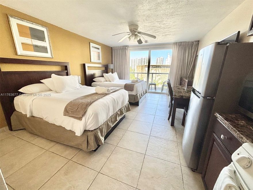 This charming furnished studio on the BEACH is the perfect blend of convenience, comfort, & coastal charm. Featuring a private glass BALCONY with city views, it offers a serene escape while being just steps away from the beautiful sands of Sunny Isles Beach. Whether you're looking to make it a profitable investment on Airbnb or seeking a cozy pied-à-terre, this condo hotel offers the flexibility to suit your needs. With maintenance fees covering everything from reserves & electricity to cable, water, & Wi-Fi, the hassle-free living is one of its many appeals. Enjoy the vibrant local scene, with coffee shops, restaurants, & a park just across the street, ensuring you’re always in the heart of the action. This gem offers the perfect balance of beachside relaxation & urban convenience!
