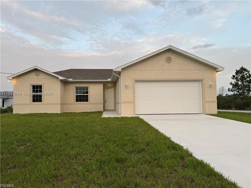 Spectacular brand-new house! 1 story, single family home located in a great community in Lehigh Acres. Florida. Open concept floor plan with vaulted ceilings and spacious living room. 4 bedroom's 2 bathrooms and 2 car garage with a bay for an additional 4 cars. Bedrooms have large walk-in closets, and primary bathroom has his and hers sinks and tiled shower. Granite counters in bathrooms and kitchen center island, soft close cabinets, and stainless-steel energy efficient appliance package. Approximately 1,500 sq. ft. under air, over 2100 sq. ft. total. Covered terrace, great backyard, close to the Fort Myers International Airport, shopping malls. Will be ready in approximately 45 days. Seller offering $10k in incentives!