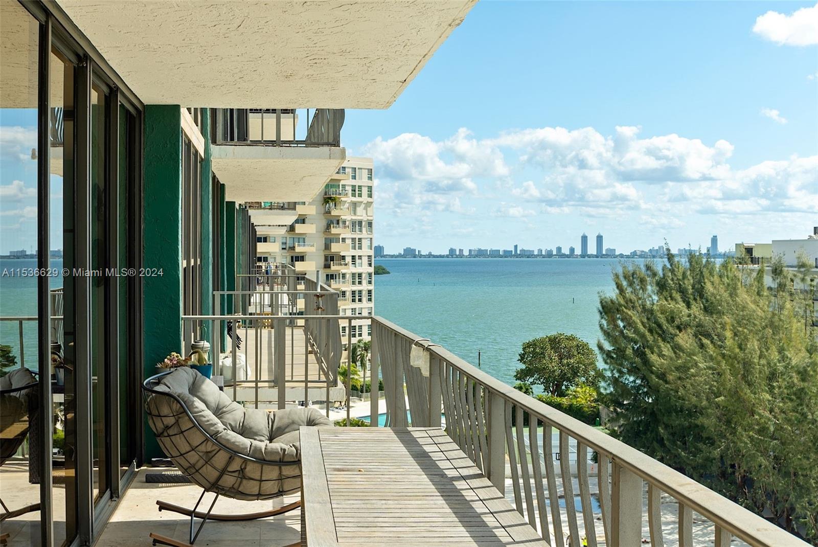 Affordable bayfront living in heart of MiMo. Turnkey 2bd/2ba at Palm Bay Yacht Club is bright and spacious w/beautiful bay & skyline views from inside and the 28’ balcony. Updated kitchen w/new dishwasher & refrigerator. Travertine floors add a touch of elegance. Baywood Park is short walk east. Legion Park, w/playground, basketball & Green Market on Saturdays, 3 blocks south. This high-rise gem in gated Palm Bay Club being brought back to its former glory w/40-yr recertification underway ushering in a fabulous new pool/amenities deck, green spaces and impact windows & doors. Seller prepaid almost $90k of project spec assessment & $11k (30%) of impact window cost. Current amenities; 24-hr front desk person, full gym, valet, convenience store, and library. Unit has 1 assigned parking space.