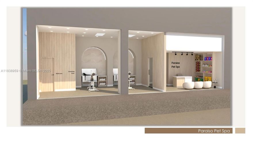 Luxury Dog Spa business for sale in the heart of Edgewater – business only.  Rent is $5900/month.NNN--150.000 turn key  The commercial property is also available for purchase separately for $1,300,000. The unit is under construction and will be delivered as a high-end pet spa with boutique design, ideal for grooming, pet wellness, and premium services. Located in Paraiso Bay views on a high-visibility street with heavy foot traffic, surrounded by luxury condos and new developments. Zoning allows multiple uses: beauty salon, medical or dental office, boutique retail, or pet clinic. Includes 2 valet parking spaces. Great opportunity for investors or owner-operators. Rent is plus CAM and taxes
see attachment with render