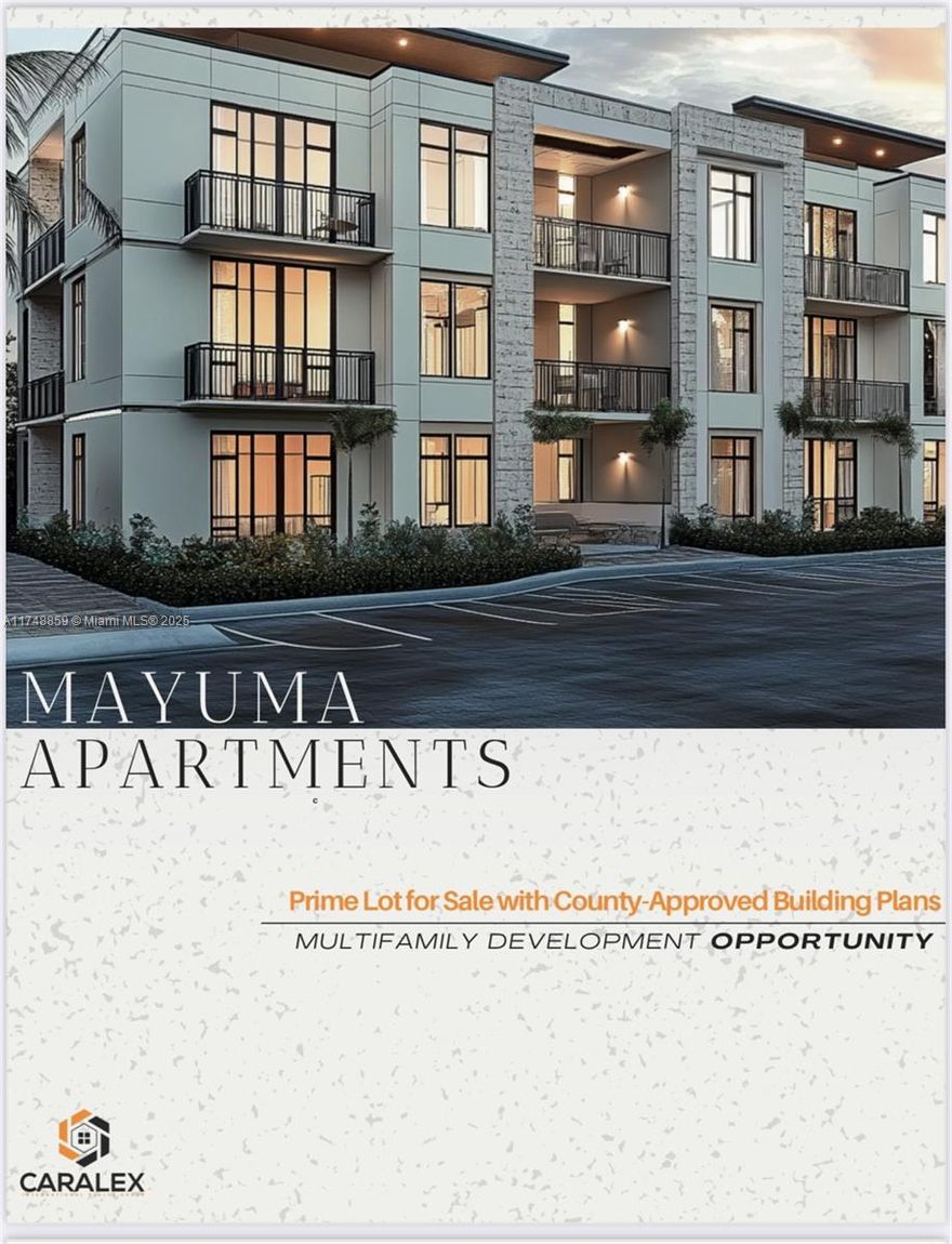 Mayuma Apartments presents a prime multifamily development opportunity in the heart of Miami, Florida. Situated on a 19,602 sqft lot, this approved project features a three-story residential building spanning 23,600 sqft. The development includes 25 thoughtfully designed one-bedroom and two-bedroom units, blending contemporary architecture with functionality and style. With all approvals secured, including 32 parking spaces, this project is ready for construction in one of Miami’s fastest-growing areas. Conveniently located just minutes from the SW 264th Street Station, Mayuma Apartments offers exceptional connectivity, providing residents with easy access to public transportation and enhancing the property's appeal. PLEASE DO NOT DISTURB THE TENANTS.