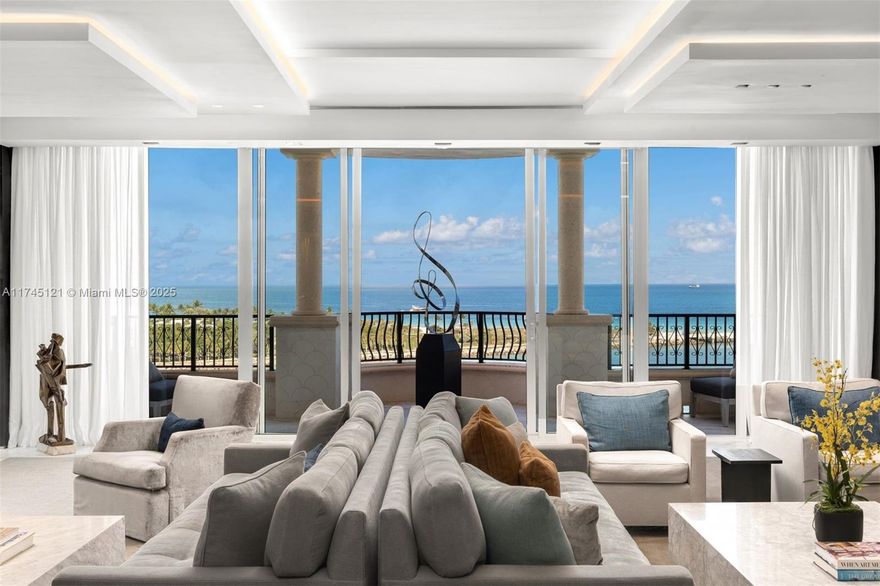 This designer penthouse at Palazzo del Mare offers unparalleled style, curated by renowned designer Lorraine Letendre. With direct views of South Beach, the ocean, and the Miami skyline, this 7,025 sq. ft. residence boasts six bedrooms, five-and-a-half bathrooms, and expansive terraces. Elegant marble flooring, 12-ft illuminated ceilings, and a modern fireplace enhance the grand living space. A gourmet Calacatta marble kitchen features Gaggenau appliances. Two oversized primary suites include walk-in wardrobes and spa-like baths. Included with purchase is a private poolside cabana, enclosed garage, golf cart parking and storage. A rare offering in Miami’s most prestigious enclave.