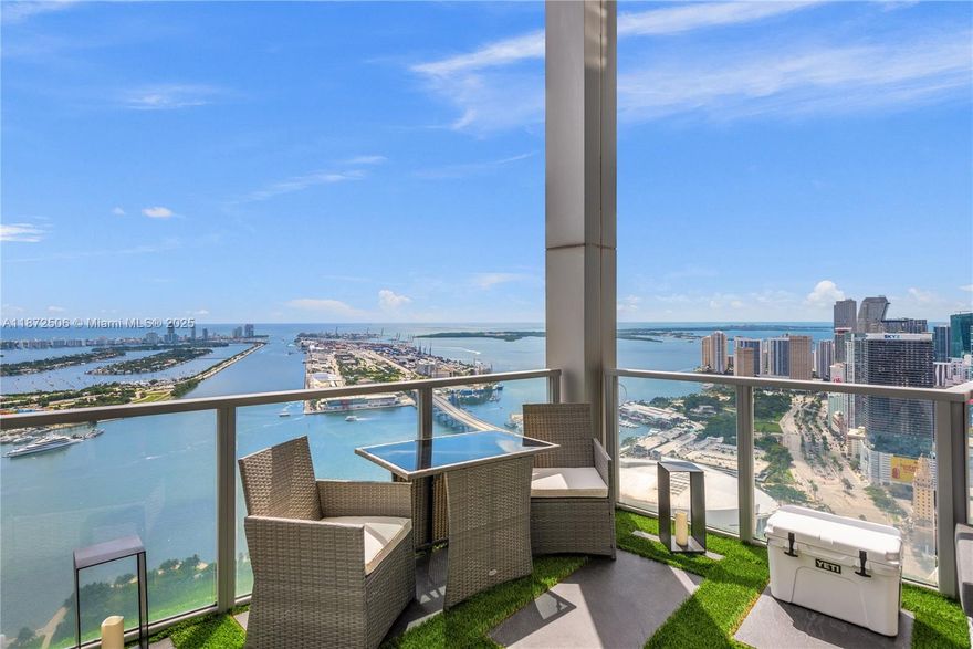 World Class views, Attention to every detail w/this 61st and 62nd Fl, 2Bed/ 2 Full Bath unit. 20 FT. ceilings and the 20 FT. Walls of Glass. Breathtaking views of Biscayne Bay, Atlantic Ocean, city views along with port of Miami. Fully Turnkey living, (Artefacto Furniture) just bring a toothbrush. Tastefully designed and appointed, landscaped Extra DEEP 15 foot Terrace with Corner views, Viking Appliances, 3 Zone System Capabilities, and Sonos Speakers. The Marquis is a full-service luxury building with 2 pools, 8000 sf full gym & spa with a sauna and steam, a poolside restaurant, 24-hour security, 24-hour Concierge, and more. Just steps away from the new Miami World Center, Kaseya Center, Arscht Performing Arts Center, and well-known museums. Landlord offers cleaning services monthly.