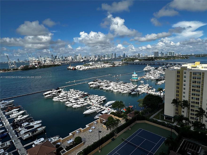 Seasonal rental/short term: November 1 – January 31 at $8,900 per month. Call for December and/or January rent price.  Beautifully updated 2-bedroom, 2-bath unit in South Beach featuring stunning views of the Biscayne Bay, Downtown Miami, and Fisher Island. Rent includes water, hot water, internet and one assigned parking space (1 additional valet space  available for a fee). No pets. The full-service resort style building offers a heated pool and spa, Fitness center, sauna, BBQ, tennis court, doorman, receiving area, and on-site management.Conveniently located close to restaurants, shops, Ocean Dr, just four blocks from the beach.