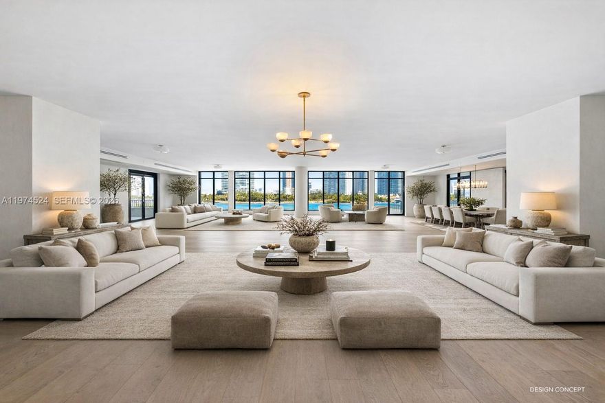 A RARE FIND ON THE ULTRA EXCLUSIVE FISHER ISLAND… NEARLY 10,000 SF OF INTERIOR LIVING AT THE 6-STAR FULL-SERVICE PALAZZO DEL SOL WITH SWEEPING WATER & CITY VIEWS! This Move-In-Ready, Expansive Full-Floor Residence features 7 bedrooms + 7 bathrooms + 2 powder rooms. Spanning 9,826 SF of Interior Living Space + 1,797 SF of Deep Wrap-Around Terraces enjoy Sunrise & Sunset Views. 2 Private Elevators lead you to a Bayfront Great Room with Elegant Formal Dining & Lounging Areas. European oak wood flooring throughout. Boffi eat-in kitchen with Bohemian grey granite countertops, Gaggenau appliances, Dornracht faucets, Sub&Zero fridge & wine cooler. Primary Suite with Sunset Views + a separate Lounging Area. Primary Bath in Book-Matched White Carrara Marble, Double Vanity Sink, Custom Fisher Island Boffi Soaking Tub + Rain shower. 3 parking spaces + 1 golf cart parking space. Palazzo Del Sol is an Award-Winning Building by Architect Kobi Karp, with Public Spaces by Antrobus Design, and Built by ASR Construction. Building Amenities & Services include Butler-Serviced Aperitivo Bar & Lounge, Theater, Hair & Makeup Salon, Private Massage Rooms, Business Center, Gym & Cardio Room, Kidville Playroom, Concierge, Valet, Zero-Edge Pool & Spa with Attendant.