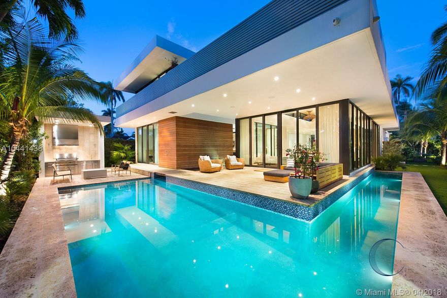 Stunning tropical modern home on gated Sunset Island III on oversize corner lot. Brand new construction completed 2017, 5900 SF interior with gourmet kitchen, oak and marble flooring, lofted ceilings in open plan living areas. Telescopic sliding doors create indoor outdoor living within tranquil landscaped garden. 6 beds, 7 full baths, and 1 half bath. Outdoor summer kitchen beside pool deck, cabana bath, and 2 car garage. Walking distance to Sunset Harbor retail.