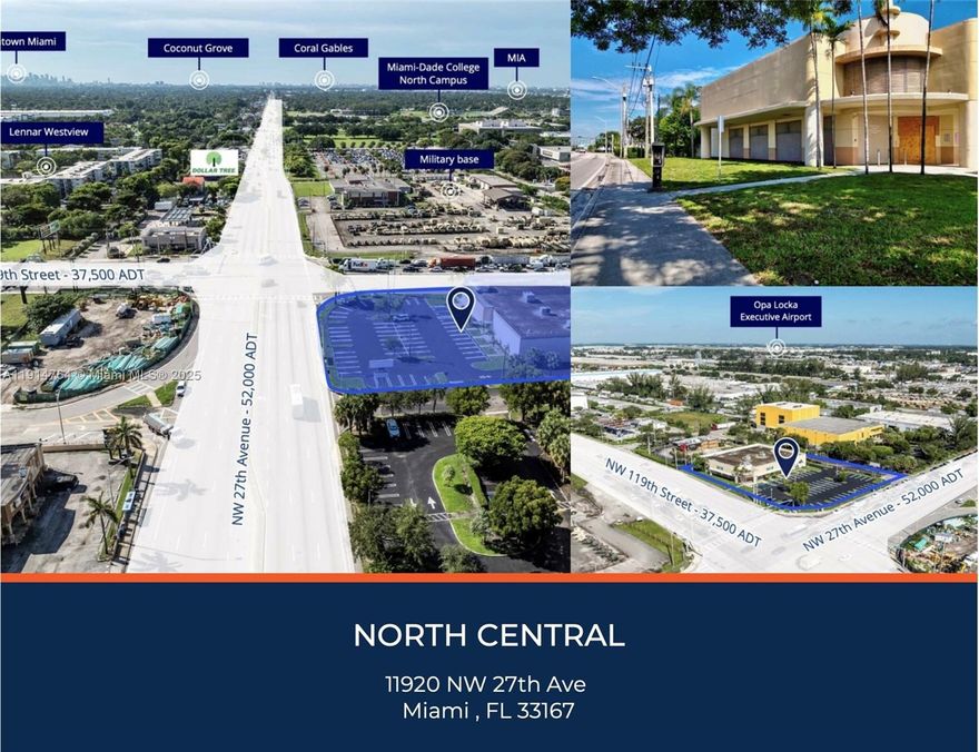 LA PREMIERE Realty proudly presents North Central, a prime free-standing building with a drive-thru on a 60,168 SF lot and ±14,040 SF building. Zoned UC-MM | Core, the property offers exceptional mixed-use development potential, allowing 125 units per acre, 15 stories, 325 +/- units as of right, 3–4 floors of parking (no underground required), and commercial retail on the ground floor.
The current price per door is approximately $30,000, with significant incentives available under SB-102, reducing the price per door to about $19,500 and allowing an estimated 500 ± units with applicable bonuses.
Property highlights include: Clean Phase I Environmental by Dynatech Engineering | Survey less than 3 years old | Completed 40-Year Certification | Brand-new 2024 AC system with warranty |New electrical system |Certified sprinkler systems |76 parking spaces
This is a rare, well-positioned development opportunity offering scale, flexibility, and strong long-term value.
The property sits at the high-traffic corner of NW 27th Ave and NW 119th St in a dense residential and commercial corridor near major retailers like Marathon, Dollar Tree, Taco Bell, and McDonald's. Nearby amenities include Miami-Dade College North Campus, North Shore Medical Center, Deep End Fitness, and Miami-Opa Locka Executive Airport, with quick access to I-95, FL-924, and the Turnpike. Opa-Locka offers rich Moorish Revival architecture, an active airport, and ongoing CRA-driven redevelopment.