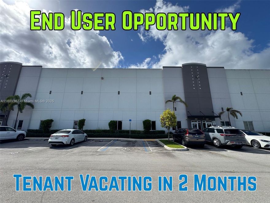 END USER OPPORTUNITY - TENANT IS VACATING IN 2 MONTHS. Only $340/sq.ft. Built in 2022, this unit has 11,007 SF Total Area, made up of: 7,047 SF of Warehouse Area + 1,980 SF of Office Area + 1,980 SF of Mezzanine. 32' clear ceiling height offers additional storage space. ESFR fire sprinkler system, concrete tilt wall panels, & steel joist roof system. Three (3) 9'x10' overhead doors-dock height. 12 Assigned Parking Spaces. 277/480 Volt & 120/208 Volt. Excellent location on the industrial developing triangle of FL Turnpike, US 27-Okeechobee Rd, & I-75 to 826-Palmetto Expy, with immediate access to all these expressways.