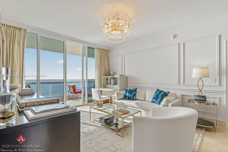 Step into a storybook of oceanfront elegance with the white glove service to match.This exquisitely finished 3-bedroom, 3-bathroom flow-through residence at the legendary Acqualina. This turnkey masterpiece has been impeccably redesigned with top-of-the-line finishes and every detail thoughtfully curated for the most discerning buyer. From the moment you enter, you?re greeted by sweeping views that stretch the beautiful Atlantic and the tranquil Intracoastal. As a resident of Acqualina, a Forbes 5 star resort, you?ll enjoy access to the world of five-diamond resort amenities: three shimmering pools, an exclusive beach club, in-residence dining from acclaimed restaurants Avra and Il Mulino, ; and full-service European spa, 24/7 concierge. This is more than a home; its a castle in the sky.
