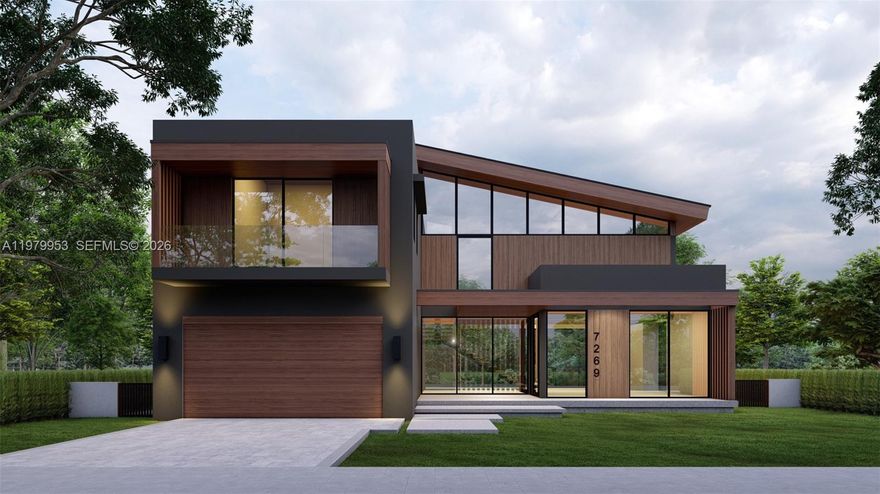 Stunning new construction in the highly desirable High Pines neighborhood—seamlessly blending Mid-Century Modern with Japanese Contemporary influences for a truly unique architectural masterpiece. Nestled on a serene, tree-lined street with expansive median providing lush canopy, this home offers peaceful seclusion while just steps from South Miami's vibrant restaurants, cafes, shops, and conveniences—perfectly positioned between Coral Gables and South Miami.
This expansive residence features 4 bedrooms with an open den on the second floor with option to convert into 5th bedroom with ensuite bath in the future. 
5 full bathrooms, 2 powder rooms, outdoor shower and a dedicated office. Over 5,000 sq ft of air-conditioned living space, plus a 515 sq ft two-car garage with extra-high ceilings (ideal for car lifts and additional storage), a 260 sq ft covered patio, and nearly 750 sq ft of open balcony and terrace areas for seamless indoor-outdoor living.
Large heated pool and spa with salt system
Premium, top-of-the-line finishes throughout include designer kitchen & bath cabinetry, imported tile flooring &
Cumaru vaulted ceilings and overhangs.
Custom interior/exterior architectural details and sophisticated touches. A full specifications schedule will be provided as final selections are finalized by the developer.
Estimated completion: End of 2026. All images, renderings, floor plans, and elevations are for illustrative purposes only. Subject to change prior to completion