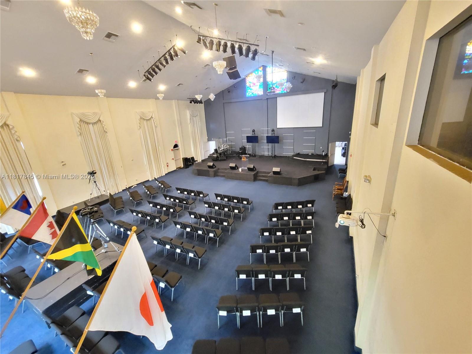 Beautiful worship hall with seating capacity for 350+ with remodeled upgraded bathrooms, a seperate fellowship/banquet hall, and ample parking for 125+ cars.