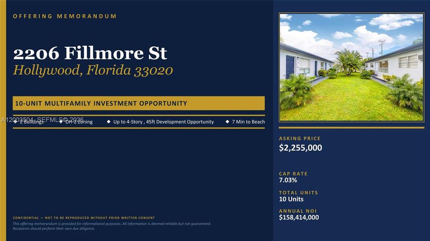 Rarely available 10-unit multifamily property in the heart of Hollywood, Florida — fully occupied, cash-flowing from day one, and priced extremely competitively. Comprising two well-maintained buildings totaling 7,445sq.ft. on a generous 20,060sq.ft. lot, this asset delivers immediate NOI of $158,414 annually, 7.03% Cap Rate and meaningful rent upside still on the table. The unit mix — seven 1BR/1BA, two 2BR/1BA and one 3BR/2BA — attracts a broad renter demographic, reducing vacancy risk across market cycles. Both buildings received a new roof and new wall AC units, dramatically reducing near-term capex exposure and making this a true turnkey acquisition. The location is exceptional. Situated just blocks from Downtown Hollywood's vibrant ArtsPark and restaurant corridor, and only 7 minutes from the award-winning Hollywood Beachfront Broadwalk, demand for rentals here is structural and persistent. Fort Lauderdale–Hollywood International Airport (FLL) is 15 minutes away, and easy I-95 access puts Miami in 25 minutes and Boca Raton in 30 minutes. Zoned DH-2, the site permits up to 4 stories and 45 feet in height — giving a future owner optionality to redevelop at higher density as Hollywood's Downtown corridor continues its rapid appreciation trajectory. Twenty stacked parking spaces are a premium differentiator in this urban submarket. For more information and to schedule a showing, please call today!