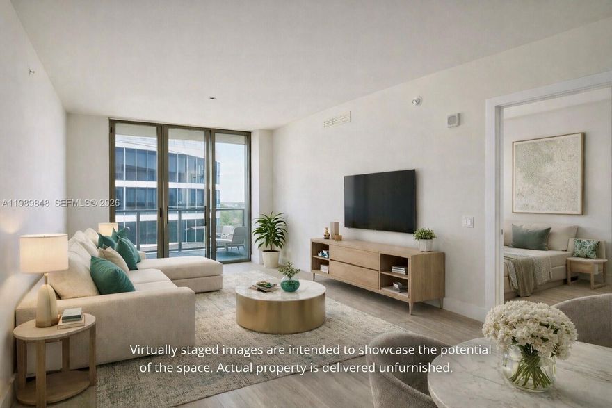 2 bedrooms plus den and 2 full bathrooms. Modern luxury living in the heart of Aventura! This beautifully appointed residence at Aventura ParkSquare offers approximately 1,100 SqFt of thoughtfully designed space, featuring high ceilings, floor-to-ceiling impact windows, and abundant natural light. The open-concept kitchen showcases premium finishes, Italian cabinetry, and top-of-the-line appliances, seamlessly flowing into spacious living and dining areas—perfect for both everyday living and entertaining. This desirable layout offers flexibility for a home office or guest space, with a smart split floor plan that provides privacy. Contemporary bathrooms are designed with comfort and style in mind. Enjoy a private balcony with serene city views. Aventura ParkSquare is a modern mixed-use community offering resort-style amenities including a state-of-the-art fitness center, rooftop pool, spa, concierge, valet, and 24-hour security. Residents enjoy on-site dining, cafes, and wellness services in a vibrant, walkable environment. Ideally located minutes from Aventura Mall, beaches, top-rated schools, and major highways. Perfect as a primary residence, second home, or investment opportunity.