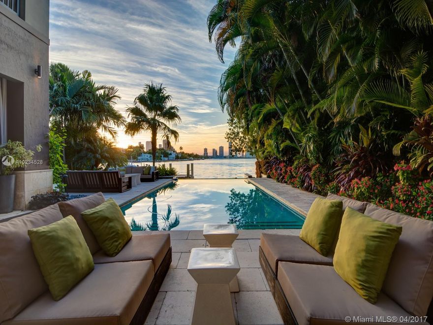 Beautiful Modern 8 bed 8 1/2 bath with stunning westerly Miami skyline and wide bay views. The home was recently renovated with luxurious interior design by Allen Saunders, spacious master suite with his/her dressing rooms, large living and dining areas with adjacent chef's kitchen. Lush terraces and outdoor seating  summer kitchen, bar, cabana bath, infinity edge pool, hot tub and boat dock. Also available for rental, $45,000.00 monthly.