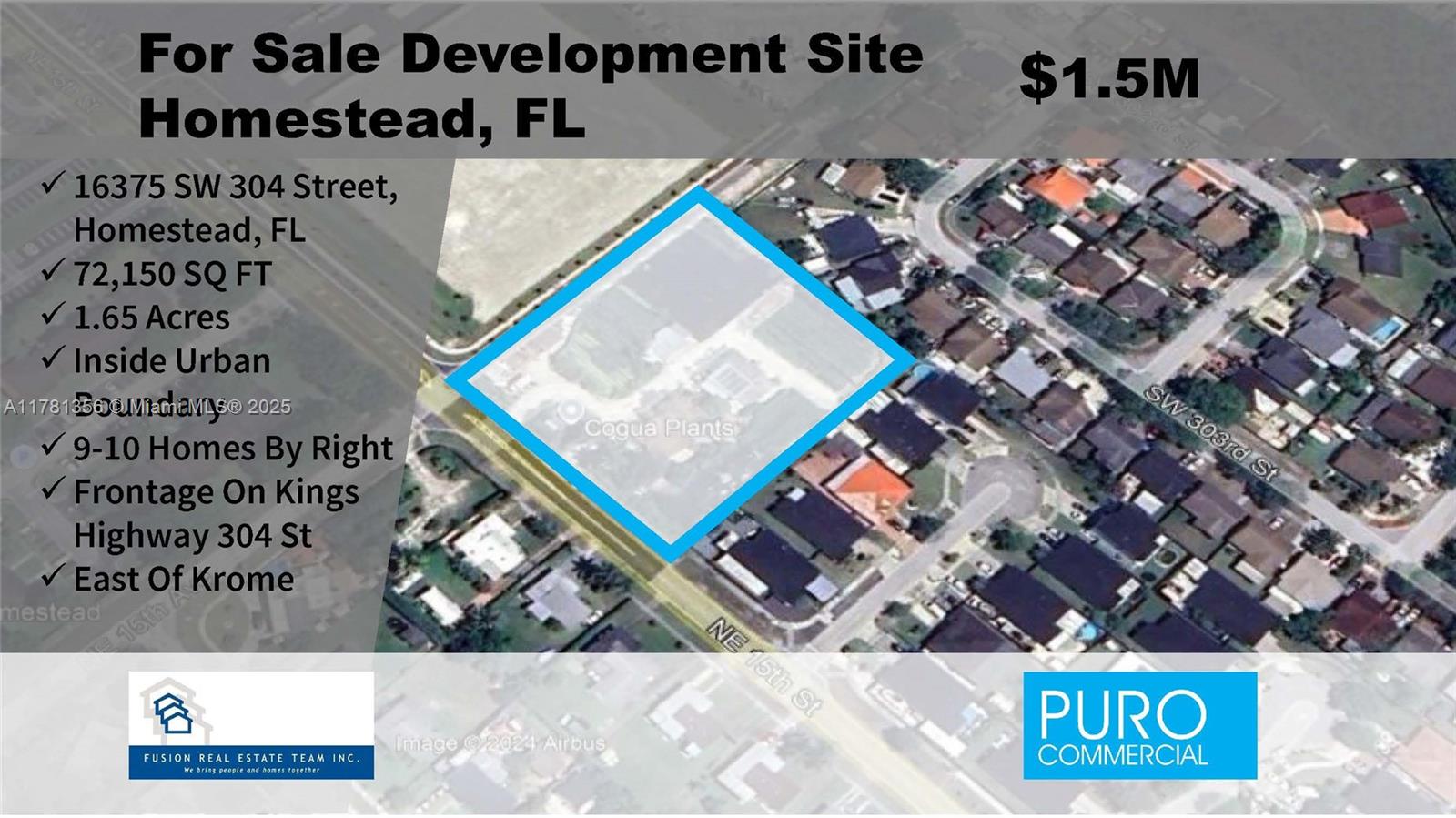 Lot For Sale in South Miami Dade. Inside The Urban Development Boundary. 69,260 Square Feet, 245 Frontage on 304 Street. East Of S. Dixie Highway. 8-10 Homes By Right.