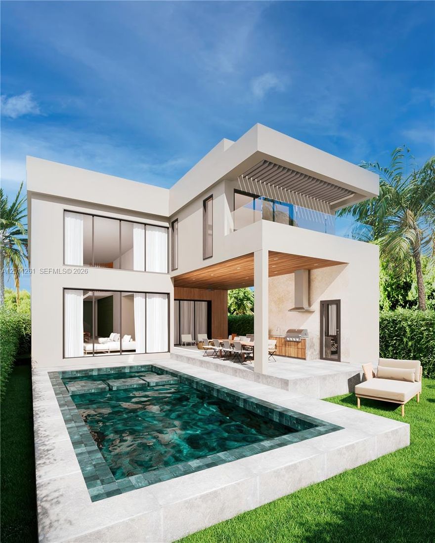 Brand new construction of an urban luxury living single family home in the Roads by Brickell. This exclusive residence features 6 bedrooms, 7,5 bathrooms, with 4,287 SF under AC and a total area of 5730 SF, high ceilings at 24 feet in the living and dining area, and 11 and 10 feet throughout the house. Custom Italian brand kitchen, top-of-the-line appliances, wine cellar, pantry, and laundry room, and maids/In-law room. Indulge in the swimming pool and jacuzzi with a sun deck, perfect for relaxation. Includes a BBQ grill summer kitchen and sauna.