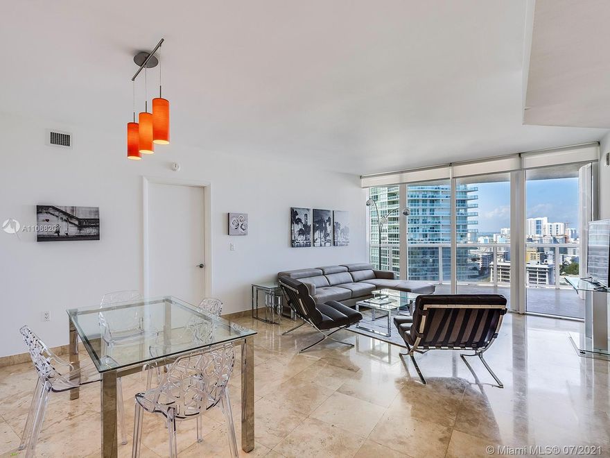 A stylish two bedroom condo at the Murano Grande in South Beach. Over 1,400 SF of living space, plus a generous-sized terrace overlooking the SoFi neighborhood and Miami Beach. A semi-private elevator lobby, split floor-plan, ample closet space and a spacious living room all make this high floor residence a great home. Murano Grande is a full service building with valet parking, doorman, 24 hour front desk and security, large pool area, onsite restaurant and gym with sauna and steam room. Nearby Publix, South Pointe Park and many great restaurants in Miami.