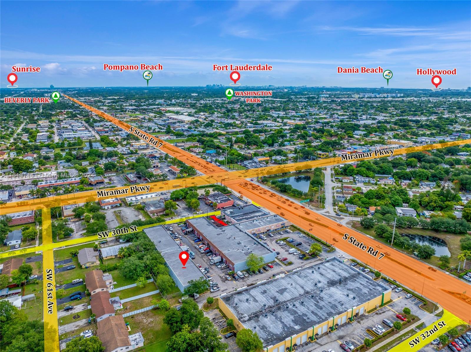 Discover an exceptional opportunity at 3056 S State Rd 7 in Miramar, FL. Two warehouses, nearly 700 square feet each of well-designed warehouse space, ideal for a range of industrial applications including warehousing and distribution. Each property features a convenient street-level door, access and operational efficiency are seamlessly integrated into this functional layout. Total square footage is 1,336 sf. Strategically located along a major county corridor, this property ensures unparalleled accessibility while being nestled within a vibrant commercial hub. Whether you're expanding your distribution network or seeking an efficient warehousing solution, 3056 S State Rd 7 delivers both practicality and potential in one compelling package.