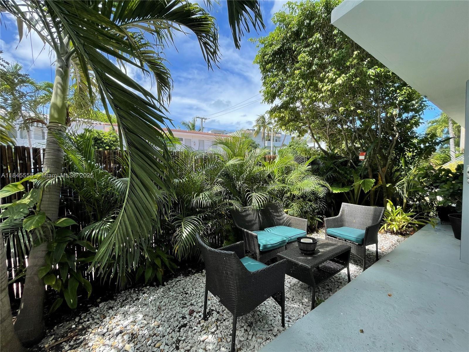 Available September 1st 2025! Welcome to your new home on the beach! This fully furnished ground floor 1 bed/1 bath unit with HUGE PRIVATE PATIO truly feels like house in the city. Total sq footage is over 900, which consists of 610sf interior plus about 300 sf for outdoor patio. Lush landscaping just outside your door. Unit features open L shape kitchen, washer/dryer inside the unit, impact windows and doors. Great location: just minutes to the Beach, Publix, target are around the corner. Best SoFi restaurants, Lincoln rd mall, favorite grocery stores (Whole foods/trader joe), nightlife are within short reach. New Five Park is a block away and a short stroll to South Pointe Park and Flamingo Park!
