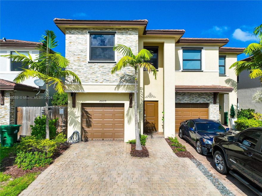New construction twin home with 3 bedrooms and 2.5 baths in the Campo Bello community! Features a spacious open floor plan with living, dining, and kitchen areas. The kitchen boasts oversized quartz countertops and ample built-in cabinetry. Upstairs includes 3 bedrooms, 2 baths, and a large primary bedroom with a walk-in closet. Includes a 1-car garage with an extended driveway. Impact windows and doors provide storm protection. Enjoy the oversized fenced yard with a covered patio and wooden deck, perfect for relaxing or entertaining. Amenities include a pool, outdoor spa, and fitness center. Conveniently located near the FL Turnpike, Black Point Marina, FL Keys, and Homestead AFB. *Seller offers $5,000 toward closing costs!* Explore the 3D virtual tour today! May the Force be with you!