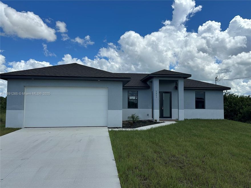 New Construction 3 bedrooms, 2 Bathrooms and 2 car garage single family home. Open concept and split floor plan. Tile throughout the entire house, lots of cabinet space with quartz counter tops with stainless steel appliances. Large lanai perfect for entertainment. Impact windows and exterior doors. Large size lot 12,392 SF. No HOA and move-in ready.  Up to $10,000 for Buyer incentives