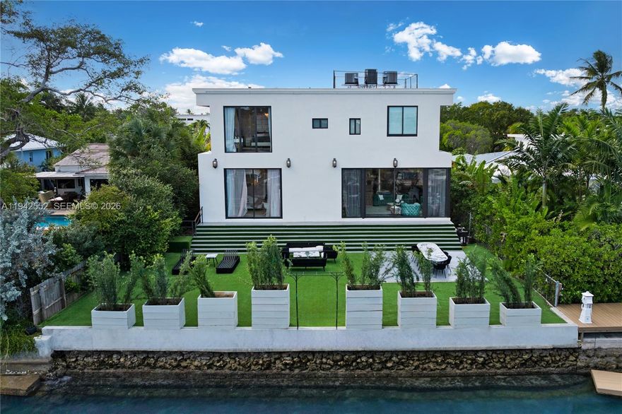 Step Inside With Me! This contemporary waterfront residence located on the gated island of Biscayne Point was reconstructed in 2022 by a meticulous owner. The home offers European touches throughout its bright interiors and impresses with its high ceilings, all while surrounded by walls of sliding glass. Designed for everyday use and entertaining, the professional-grade chef’s kitchen features Miele appliances, an oversized full slab island with a built in-dining table, contemporary cabinetry, and sleek flooring throughout the home. A floating staircase with glass panels leads to the second level, which is fully dedicated to the primary suite. The primary offers a spacious bath with modern finishes, a glamorous dressing room, and private terrace with water views. The outdoor area includes a waterfront backyard with generous green space, BBQ area, a lounge, and sizable dock for your boat. And, the infinity-edge pool is the central focal point of the home. A  garage, gated entry, automated AC controls, and appropriate guest bedrooms complete this offering. Biscayne Point is conveniently located minutes from Bal Harbour shopping and dining, the beach, and other Miami Beach cultural destinations.