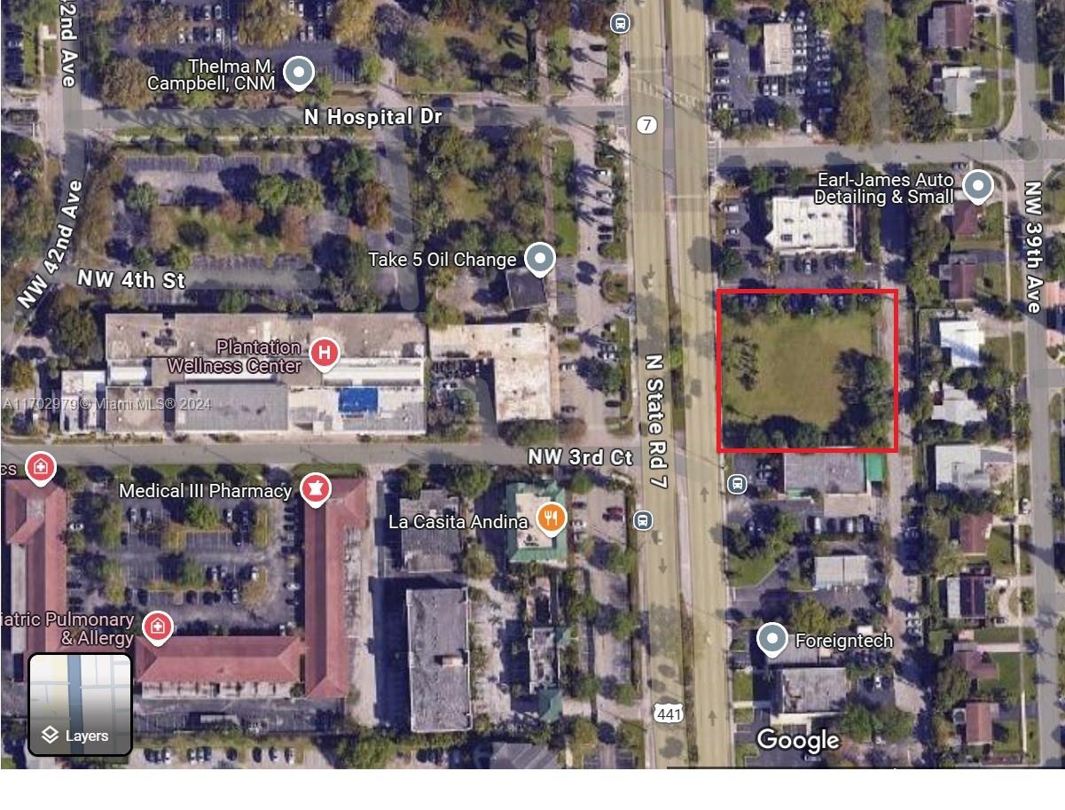 Prime Location!! Land for sale direct frontage on State Road 7. Perfect for office, medical, retail, automotive dealership, or any other approved zoning use. Cleared and ready for your business. Directly across from the Plantation Hospital. Zoning B-AM