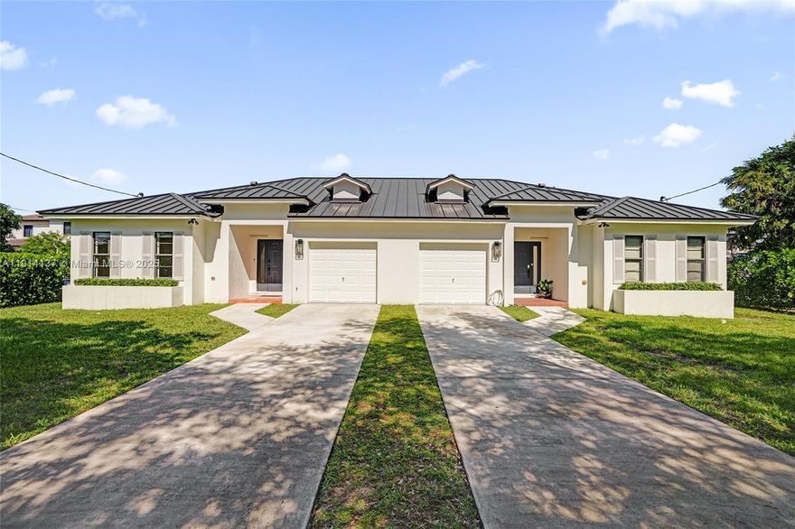 Exceptional owner-built duplex in a prime Miami cul-de-sac, surrounded by mature trees. Built in 2005 and newly renovated, each unit offers 2 bedrooms, 2 baths, a 1-car garage, high ceilings, open-concept living, and abundant natural light. Enjoy a covered front entry, spacious back terrace, ample parking, and room for a boat. Large landscaped yard provides privacy and comfort. Perfect for owner-occupants or investors—live in one unit and rent the other. Located near A-rated schools, parks, shopping, and dining.