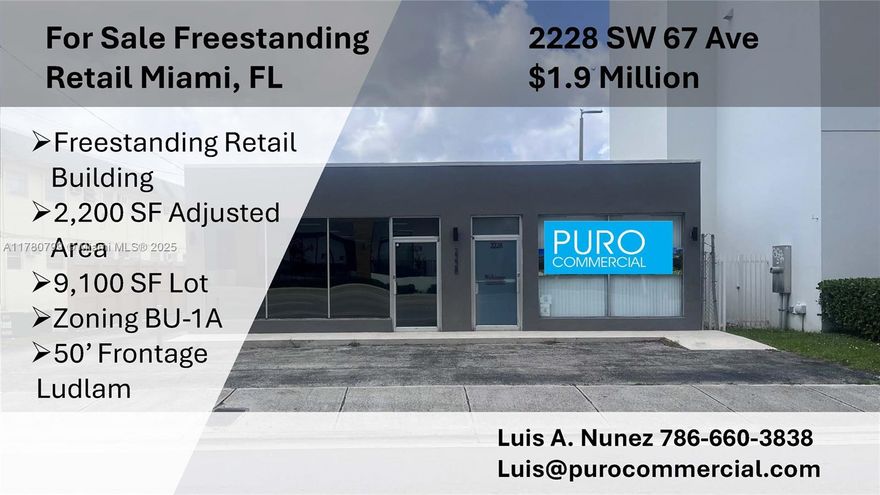 For Sale Freestanding Retail Property In Miami, FL. 50 Feet Frontage On Ludlam 67 Ave. Ample Parking In Front And Back. Prime Location On The Edge Of West Miami And Coral Gables. 9,100 Square Foot Lot. Ideally Suited For Small Business.