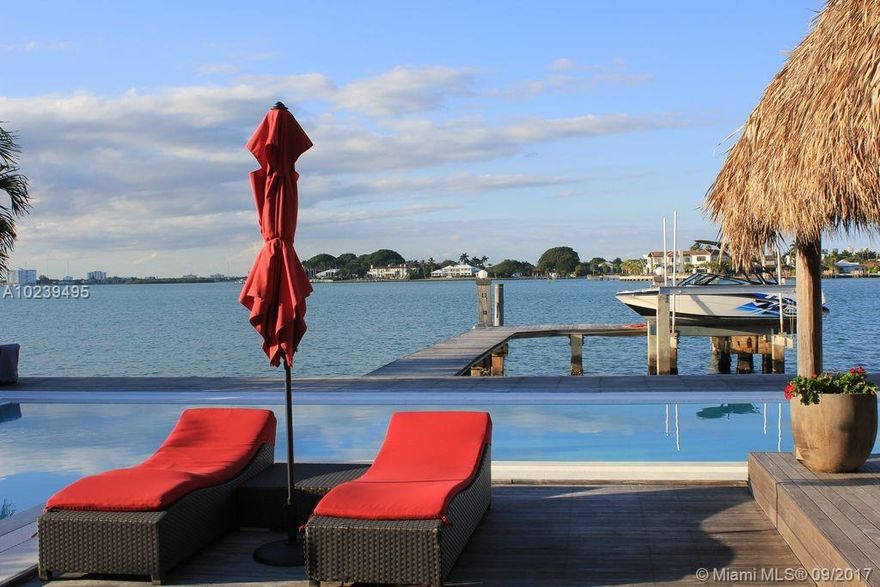 Modern Style house features newly designed 50' long pool. The 75' dock made of teak and unobstructed wide Bay View with 2 jet ski lifts. Secured with automatic gated 2 car garage. Every room has floor to ceiling windows, and overlooking the pool, gazebo and broad open bay view. The fourth bedroom has been converted from a half garage with a private restroom and it has a private entrance. Serenity is the secret value of this house. Million Dollar Miami Sunset View. Also For Sale $2,950,000.-