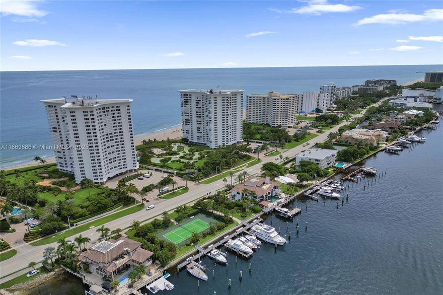 Welcome to PH-5 located in East Boca Raton's premiere luxury condo, The Chalfonte. PH-5 enjoys NE direct ocean and Boca Inlet views. The Chalfonte is the epitome of quiet elegance and luxury. 5 Star Amenities include, 24/7 concierge services, pool, fitness center, social lounges, beach services. Tennis, Pickleball, BBQ Pavilion and Marina are located across A1A on Lake Boca.  Both Concrete Inspection and new roof installation completed with FULLY FUNDED RESERVES. Move right in or add your special touch to this RARELY AVAILABLE PENTHOUSE..