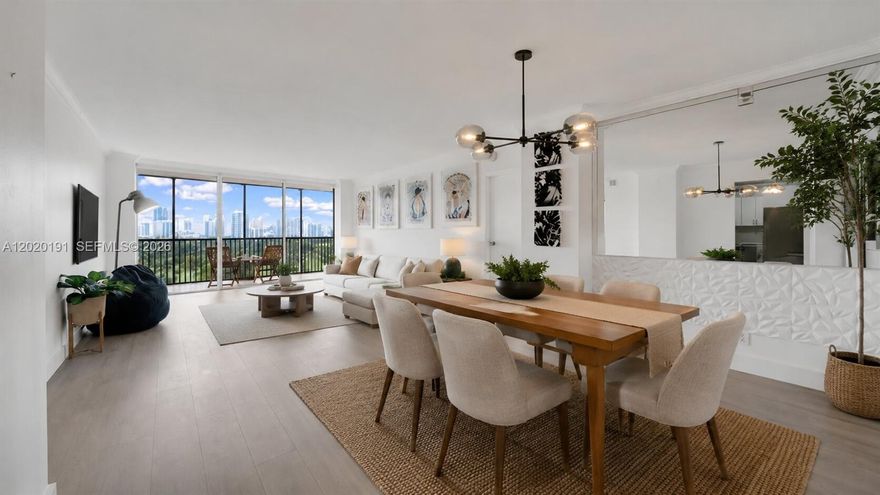 Bright, renovated and spacious largest 2-bedroom, 2-bath residence in the building, ideally positioned with stunning views of the Aventura Golf Course from the living room, balcony, and both bedrooms. Recently renovated, this split floor plan offers abundant natural light, wood flooring throughout, and a spacious walk-in closet. Enjoy a large private balcony with panoramic golf course and city skyline views. Includes 1 assigned covered parking space and 1 private storage unit. Located just minutes from the beach, Aventura Mall, Turnberry Isle Country Club, Sunny Isles, US-1, supermarkets, cafes, and restaurants. Secure gated community with ample guest parking. The building has completed its 40-year certification and features renovated hallways, lobby, and elevators. Resort-style amenities include a fitness center, pool, sauna, jacuzzi, and 24-hour security.