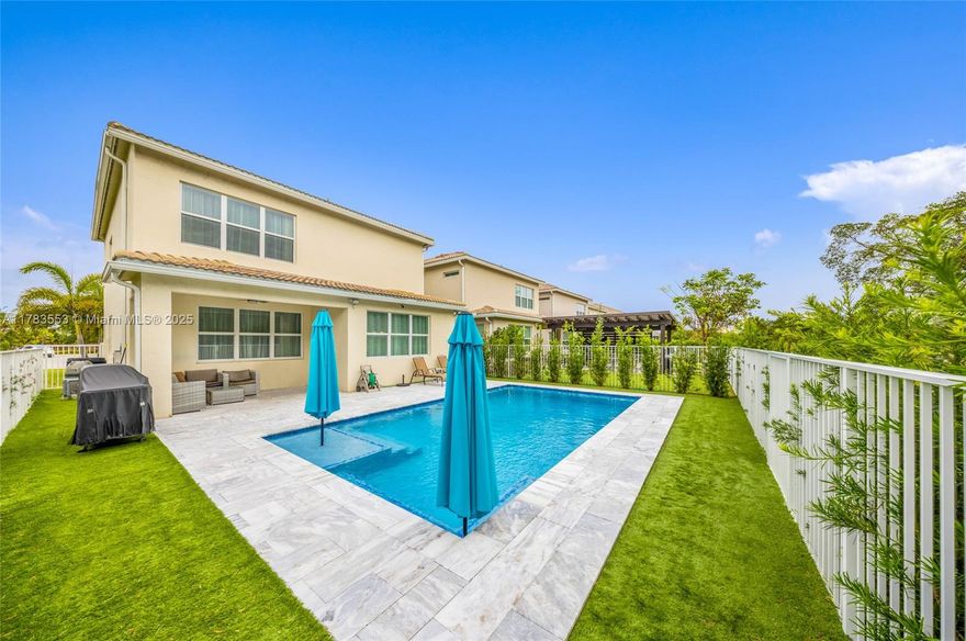 Beautiful 3-bedroom, 2.5-bath home with a first-floor den and upstairs loft, offering versatile living space. This spacious home features an upgraded kitchen with premium KitchenAid appliances and an Allini whole-house water filtration system. The backyard is a private retreat with a custom-built pool, lush turf, and privacy hedges - perfect for relaxing or entertaining. This property offers plenty of natural light throughout. Located in a resort-style community with top amenities including a pool, full gym, clubhouse, playground, tennis and pickleball courts, plus scenic 3-mile trails ideal for walking, biking, or rollerblading. Truly a home that combines comfort, style, and exceptional lifestyle.