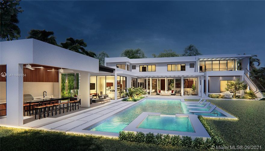 Contemporary style estate in coveted Pinecrest, surrounded by rich tropical landscaping & exceptional outdoor living slated for arrival in 2022. Newly constructed &masterfully designed, two-level, 8BR/9BA spans over 8,200 SF infusing indoor & outdoor living modern interior to compliment. Details include Spanish floors & tiles, impact windows, glass doors, wine room, custom elevator. Invite family & friends to the open main floor flanked by beautiful glass doors, soaring ceilings & versatile living spaces offering effortless flow & pool views throughout. Sleek white kitchen showcasing top of the line appliances w/Wi-Fi controls, Italian cabinetry & gas cooking. Wood staircase, ultra-luxe suite, w/ spacious bath, security closet & balcony that extends downstairs to the pool & BBQ area.