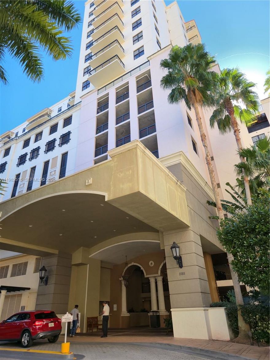 This 2-bedroom, 2-bath residence in the sought-after Puerta de Palmas offers a spacious and functional layout with an open kitchen featuring a breakfast bar, separate dining area, and split-bedroom floor plan for privacy. Both bedrooms include walk-in closets. The unit has been freshly painted and features new vinyl laminate flooring in the bedrooms. Enjoy a large private balcony with beautiful garden and city views. The spacious primary suite includes dual sinks, a walk-in shower, Jacuzzi tub, and a custom walk-in closet. The unit includes two covered parking spaces, storage, and valet service. Building amenities include 24-hour concierge, valet parking, conference room, gym, media room, and an 8th-floor amenities deck with fitness centers and terrace (pool currently being updated; estimated completion 5–6 months from March). Cable, internet, and water are included, and guest valet parking is complimentary. Ideally located near Granada Golf Course and the dining and shopping of Miracle Mile. Move-in ready, and the unit may also be rented furnished for $3,500/month.