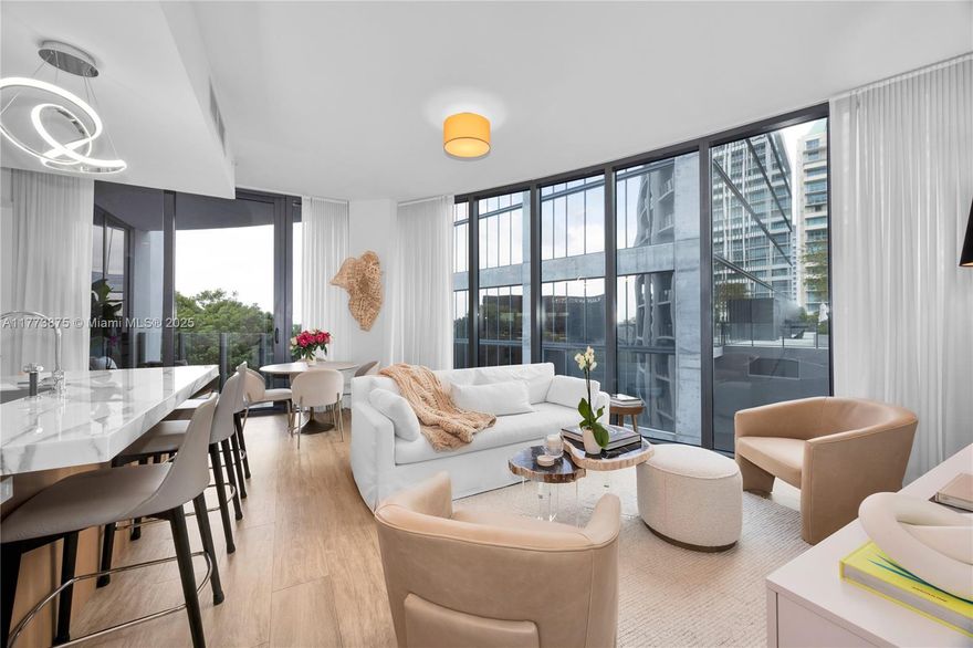 Come home to luxury at Park Grove's Club Residence tower. This 2 bed, 2 bath + den unit features a primary bedroom with lavish shower & double sink vanity & walk-in closet. The Chef's kitchen is a culinary dream, equipped with Italkraft cabinetry, marble countertops, and top-notch Wolf, Sub Zero & ASKO appliances. Enhanced with black out shades and curtains, tv's in both the living and primary suite. Functional den can be a perfect home office. Enjoy the serenity of the Grove from the terrace with garden views. Nestled in the heart of Coconut Grove, Park Grove is designed by the renowned Pritzker prize-winning architect Rem Koolhaas/OMA and presents a resort-inspired lifestyle with lap pool, private cabanas, fitness center & spa. Unit incl's valet parking & is avail for rent for $10k p/mo.