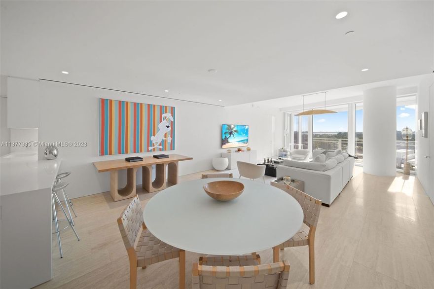 A rare opportunity to own a 2 BD, 2.5 BA residence located in the prestigious Four Seasons Surf Club. Your unit beams with floor to ceiling windows offering breathtaking bay views & downtown Miami skyline views. Open floor plan with a beautiful kitchen, SubZero & Miele appliances, and gas stove range. Exceptional details include a private elevator entry, honed Italian travertine flooring, spa-like primary bathroom, and seamless indoor-outdoor living with luxurious 12-ft deep glass enclosed terraces. Completed in 2017 by Richard Meier, the beautifully appointed oceanfront property sits on 9 acres of pristine beachfront property making it the ideal South Florida escape. Residents have access to all hotel amenities, state of the art fitness center, 3 restaurants, pool & beach service, & more.