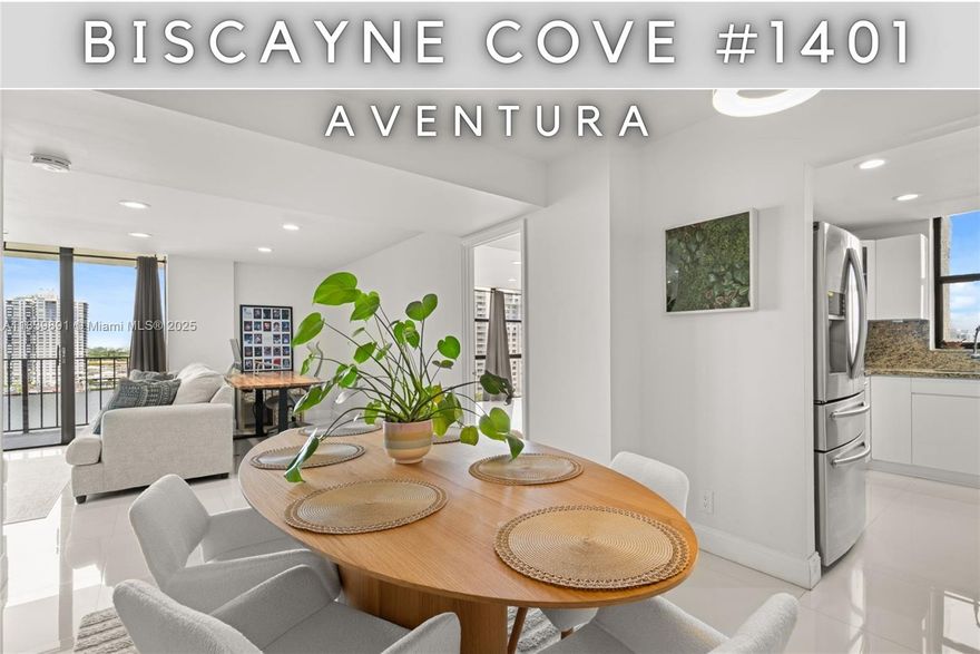 Residence 1401 at Biscayne Cove- Enjoy Spectacular water views from one of the largest 2BR floorplans in the building! This fully renovated unit features white porcelain floors, smooth ceilings with recessed LED lighting, a modern kitchen with new appliances, two beautifully redesigned bathrooms, and an in-unit washer/dryer. Floor-to-ceiling windows in every room showcase stunning sunsets. Located in guard-gated Biscayne Cove Tower with 24/7 security, valet, attended lobby, 2 pools, tennis courts, gym, sauna & more. Prime Aventura location near A-rated schools, shopping & dining. See Broker Remarks.