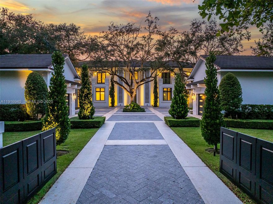 Never-before-seen, recently built, exquisitely designed 2-story Estate on a quiet, oak-lined street in North Pinecrest. Contemporary & timeless, grandly scaled & understated. No-expense-spared finishes include gorgeous natural stone & wood floors throughout, extraordinary vaulted ceilings, bespoke millwork. Abundant windows complement expansive, thoughtfully appointed space: 7 bedrooms (4 up), 6.5 baths, living, family & formal dining rooms, eat-in kitchen w/ Subzero & Wolf appliances, theater, game & play rooms, gym, 2 laundry rooms (up/down), 4-car garage. Smart Home w/ Savant-Sonos-powered security. Exterior features: Screened summer kitchen, lavish resort pool, lit basketball court, playground, lush landscape & full-house generator. This custom-curated Pinecrest Paradise has it all!